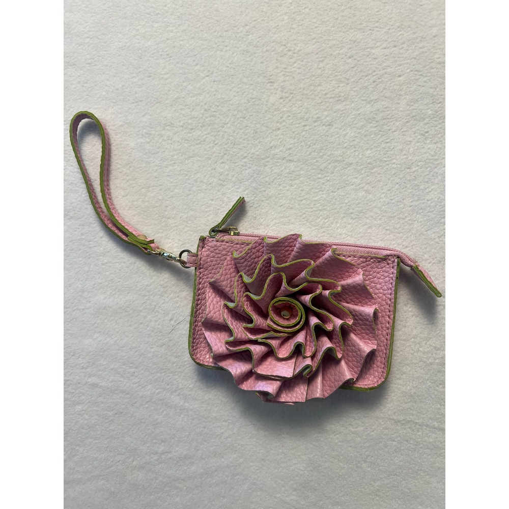 Y2K 00s Jazzd Small Wristlet Pouch Pink Green 3D Flower Ruffle Leather Pouch